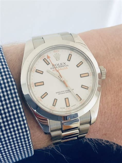 rolex white milgauss wrist|Rolex Milgauss price chart.